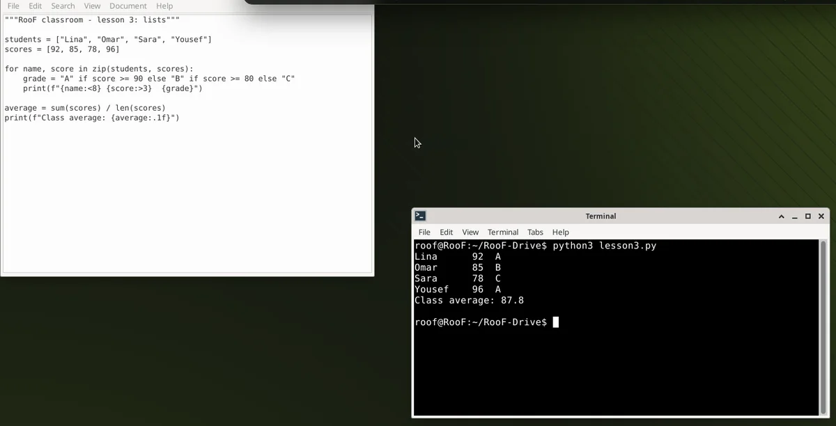 جلسة RooF حقيقية: محرر وطرفية Python وشريط أدوات الجلسة